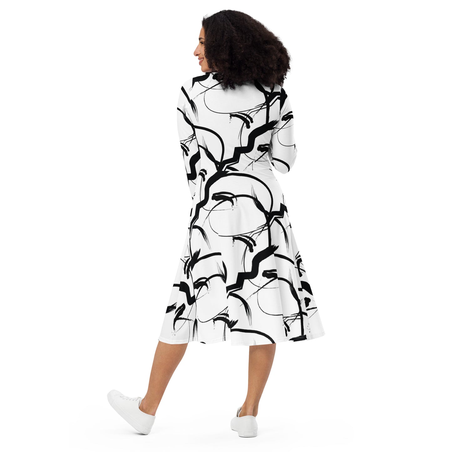 All-over print long sleeve midi dress