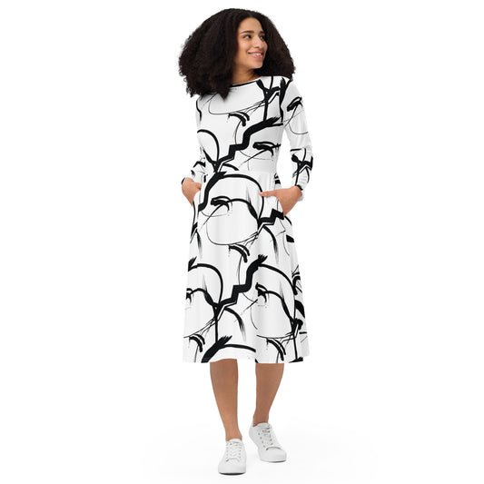 All-over print long sleeve midi dress