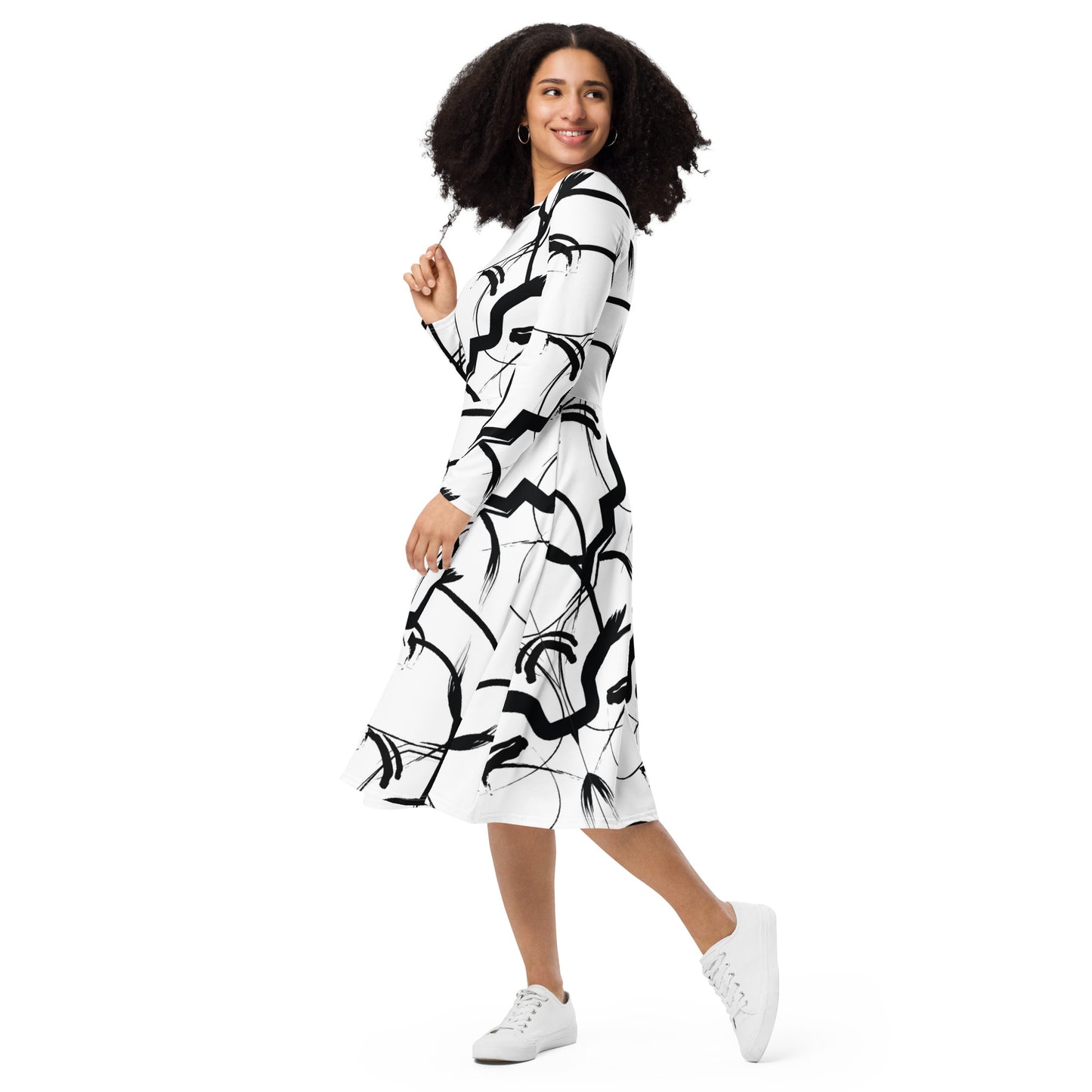 All-over print long sleeve midi dress