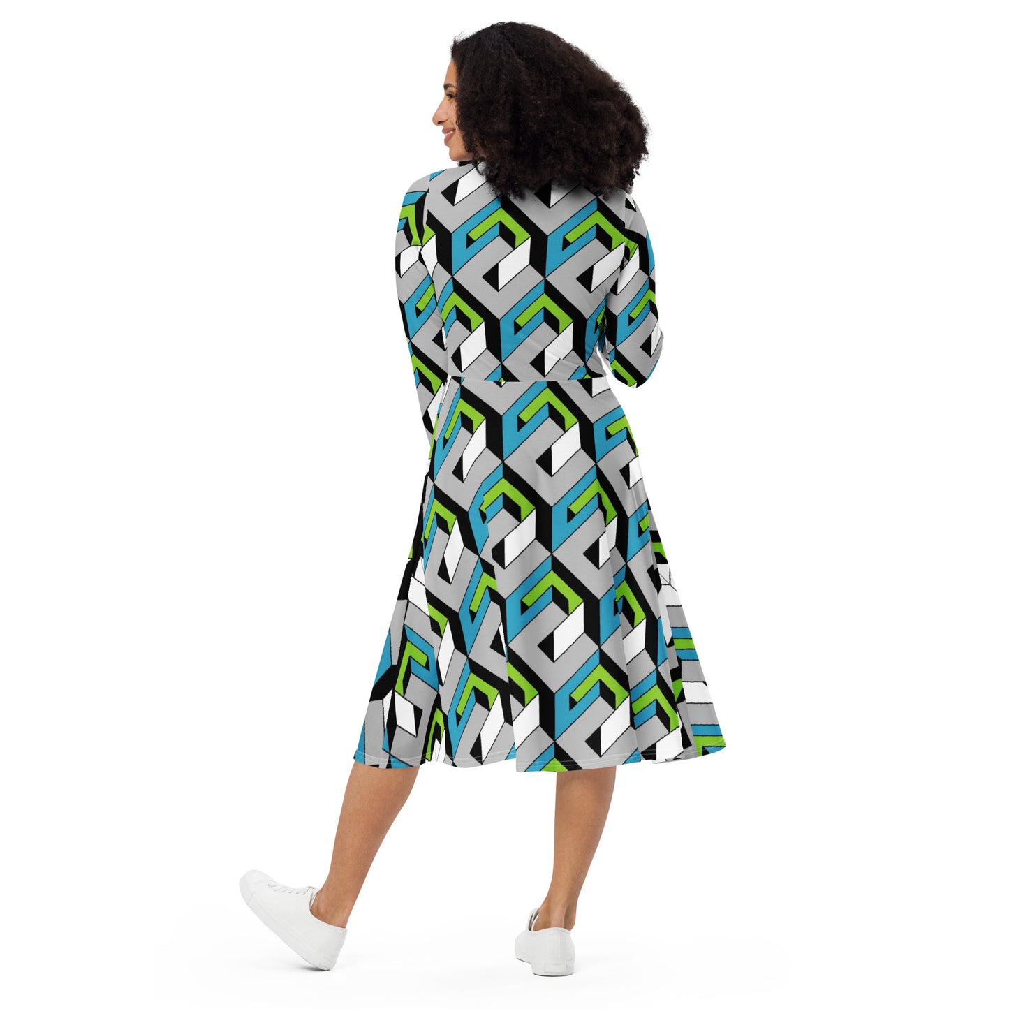 All-over print long sleeve midi dress