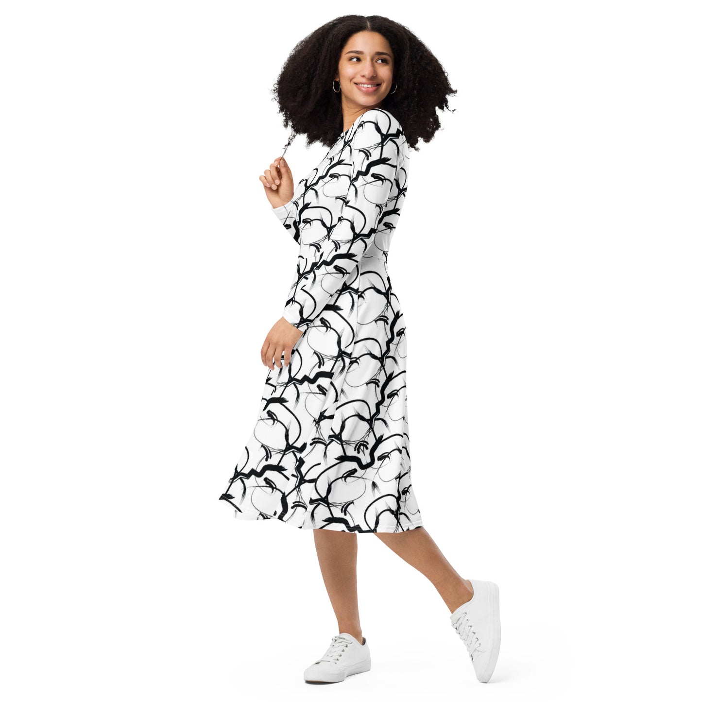 All-over print long sleeve midi dress