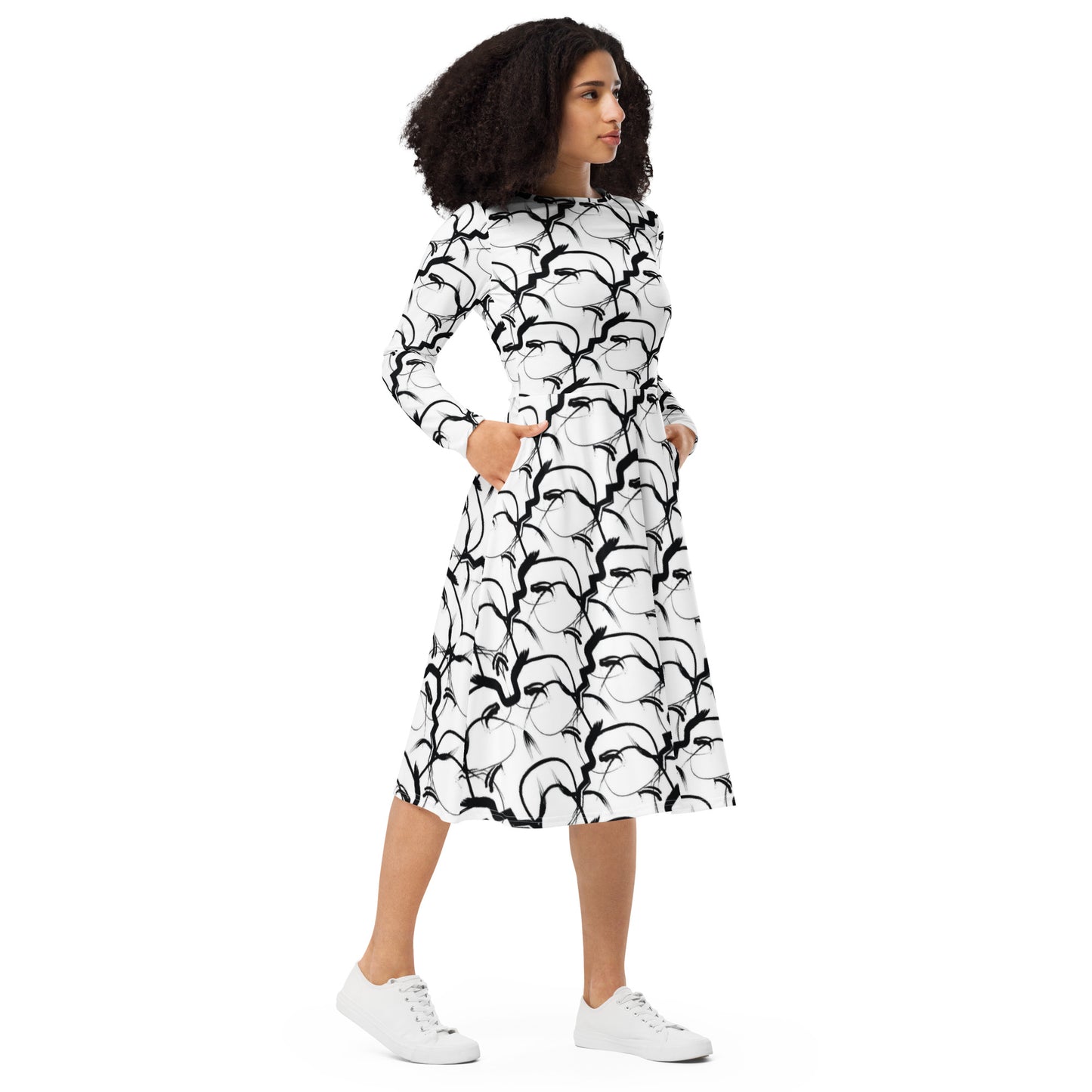 All-over print long sleeve midi dress